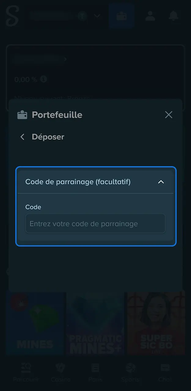 Entrez votre code bonus dans le champ dédié sur Stake.
