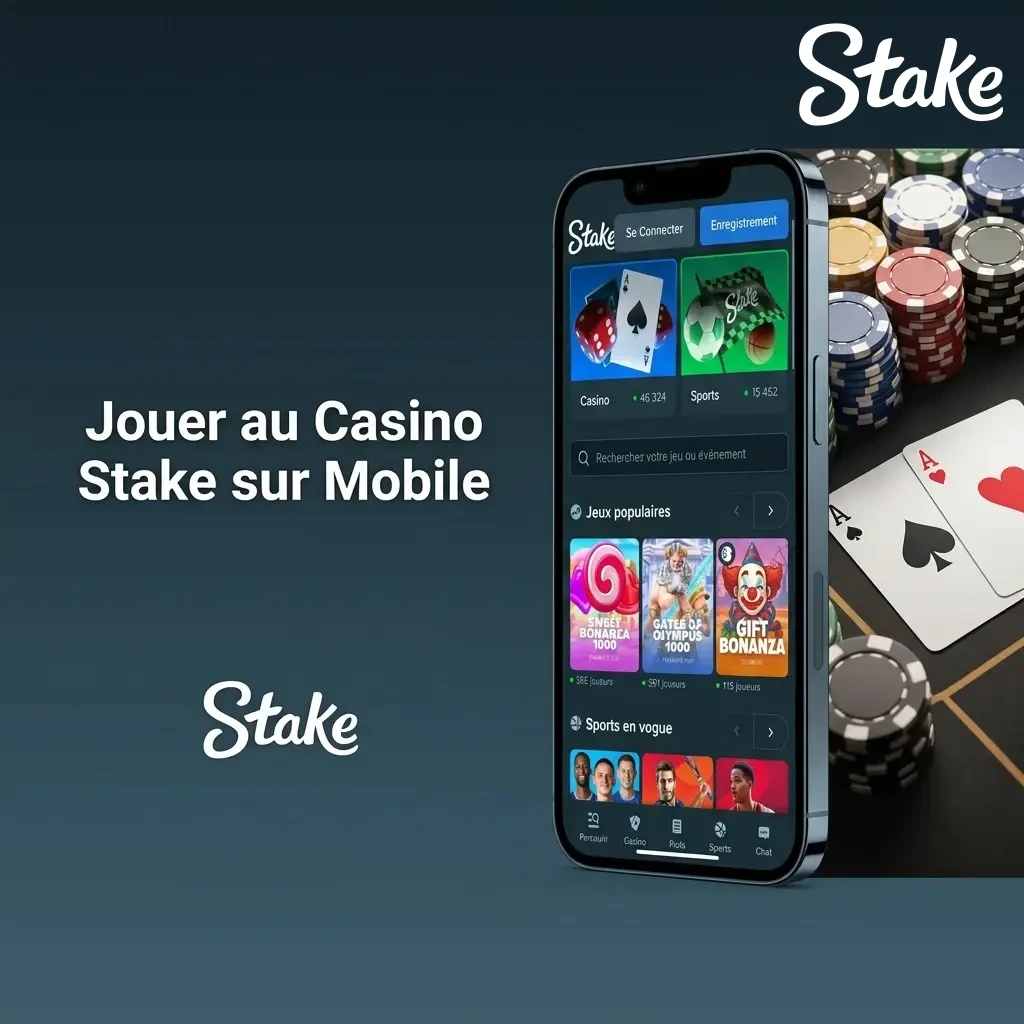 Application mobile Casino Stake en France avec lobby organisé : machines à sous, jeux de table, casino en direct et jackpots