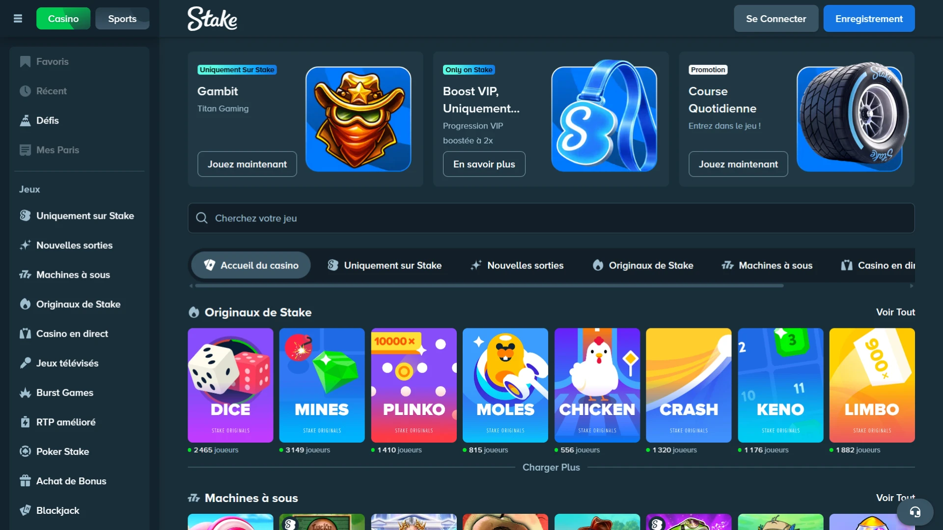 Profitez des jeux de casino et de casino en direct sur Stake.