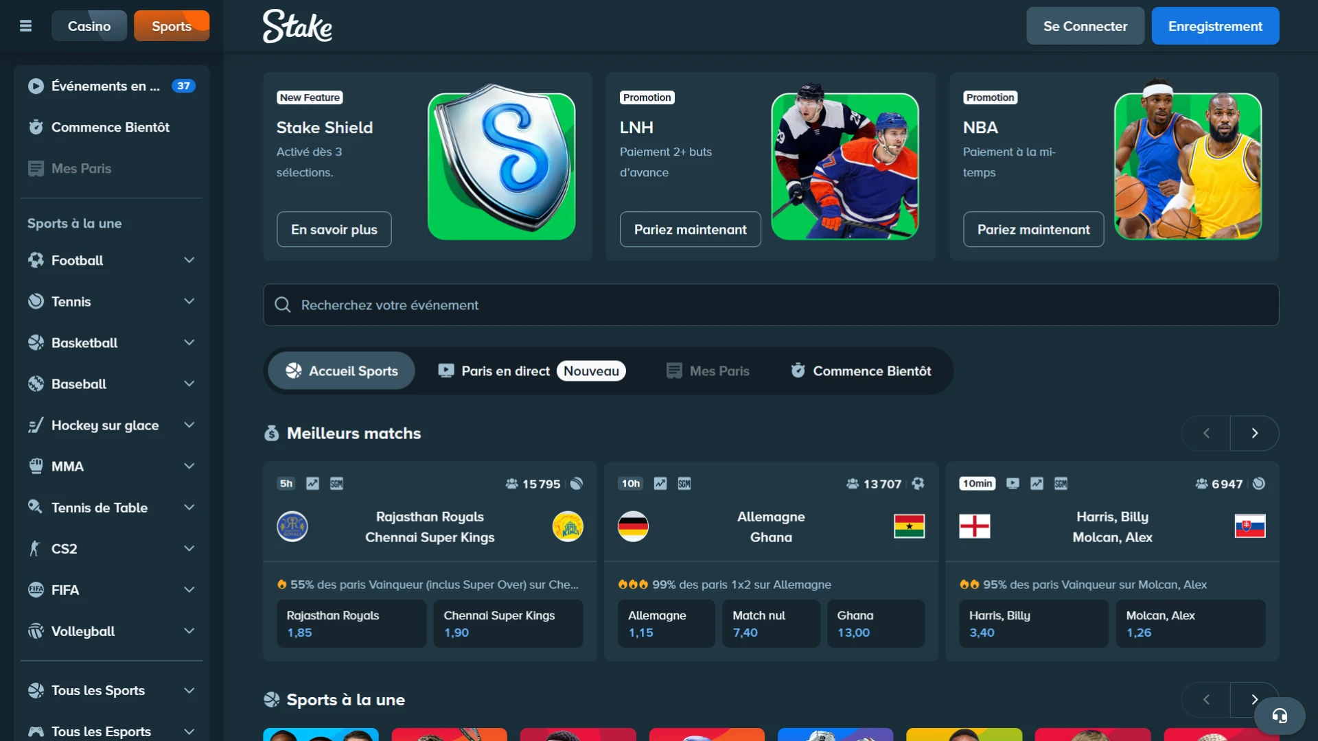 Trouvez votre sport préféré sur lequel parier sur Stake.