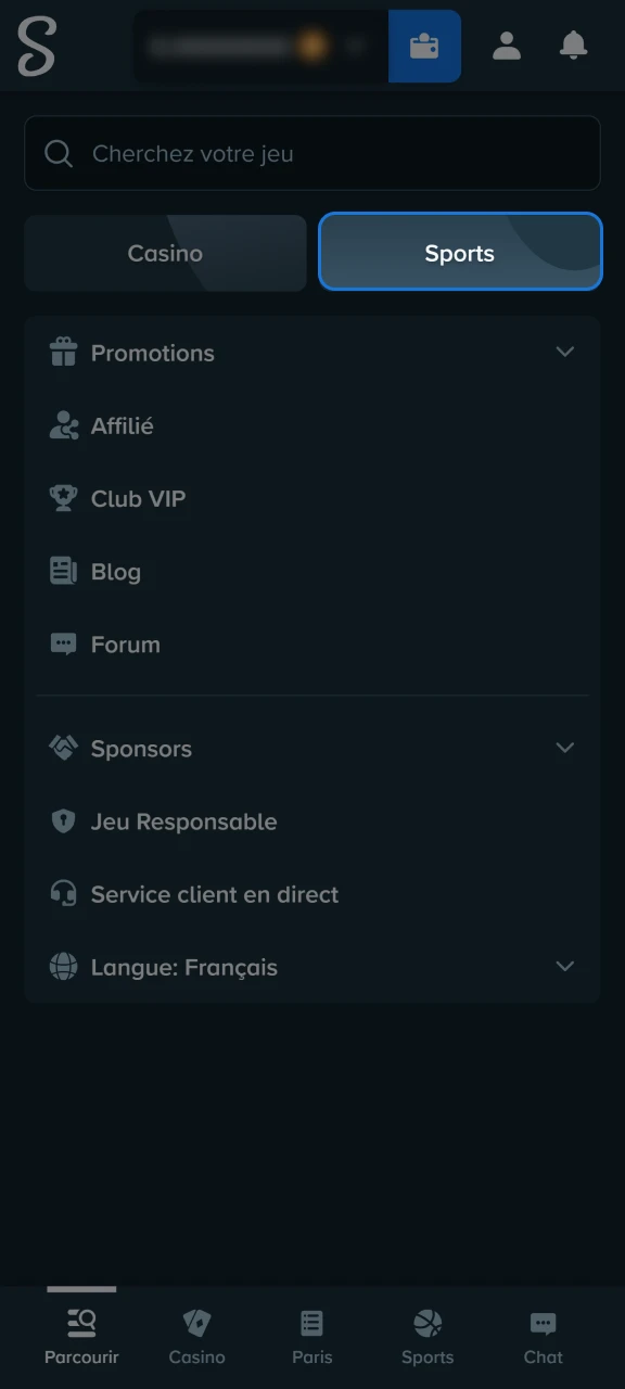 Ouvrez la section Sports sur le site de Stake.