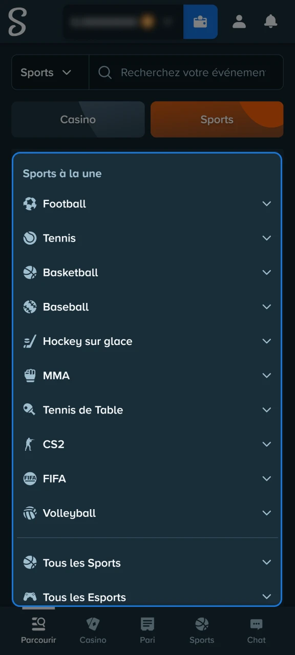 Choisissez un sport dans la liste sur Stake.