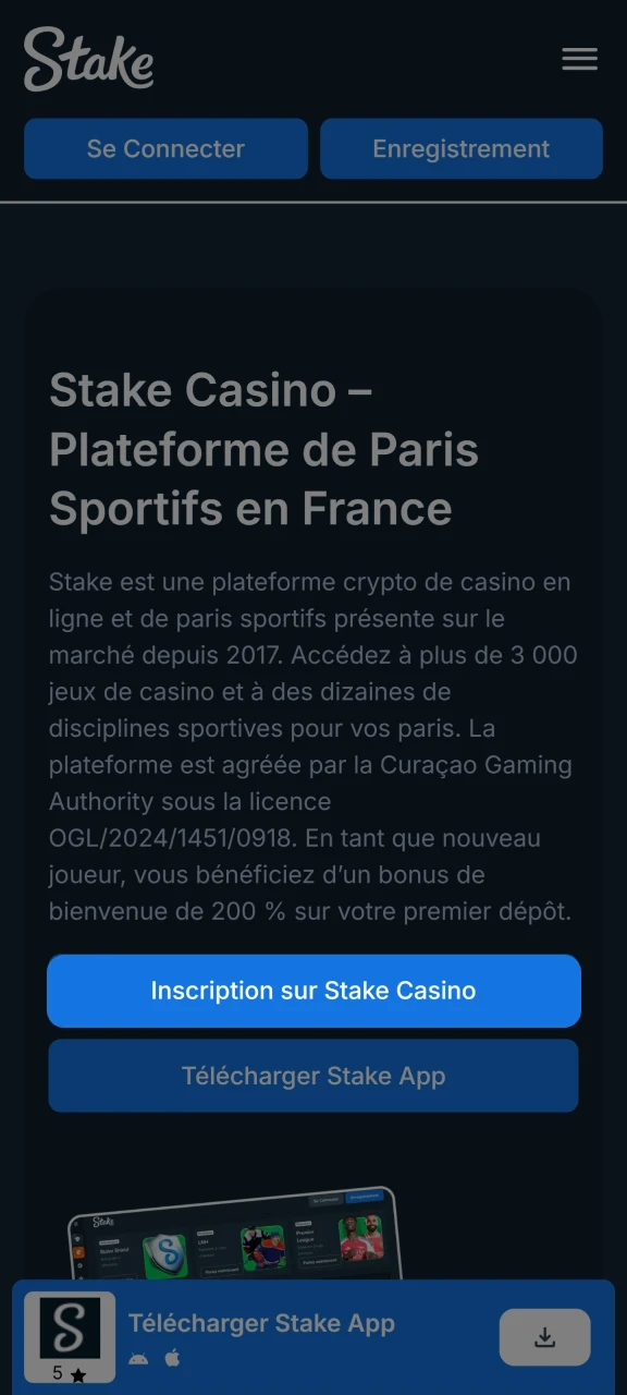 Ouvrez l'inscription sur la plateforme Stake en cliquant sur le bouton.