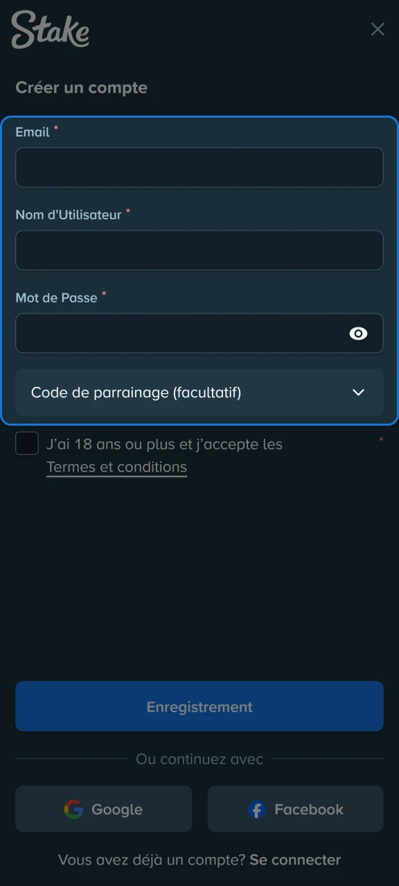 Saisissez vos coordonnées dans les champs d'inscription sur la plateforme Stake.