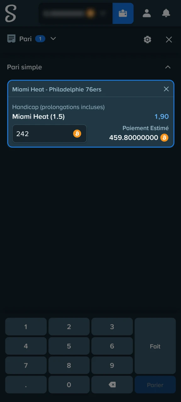 Ouvrez le bulletin de pari pour saisir le montant et placer votre pari sur Stake.