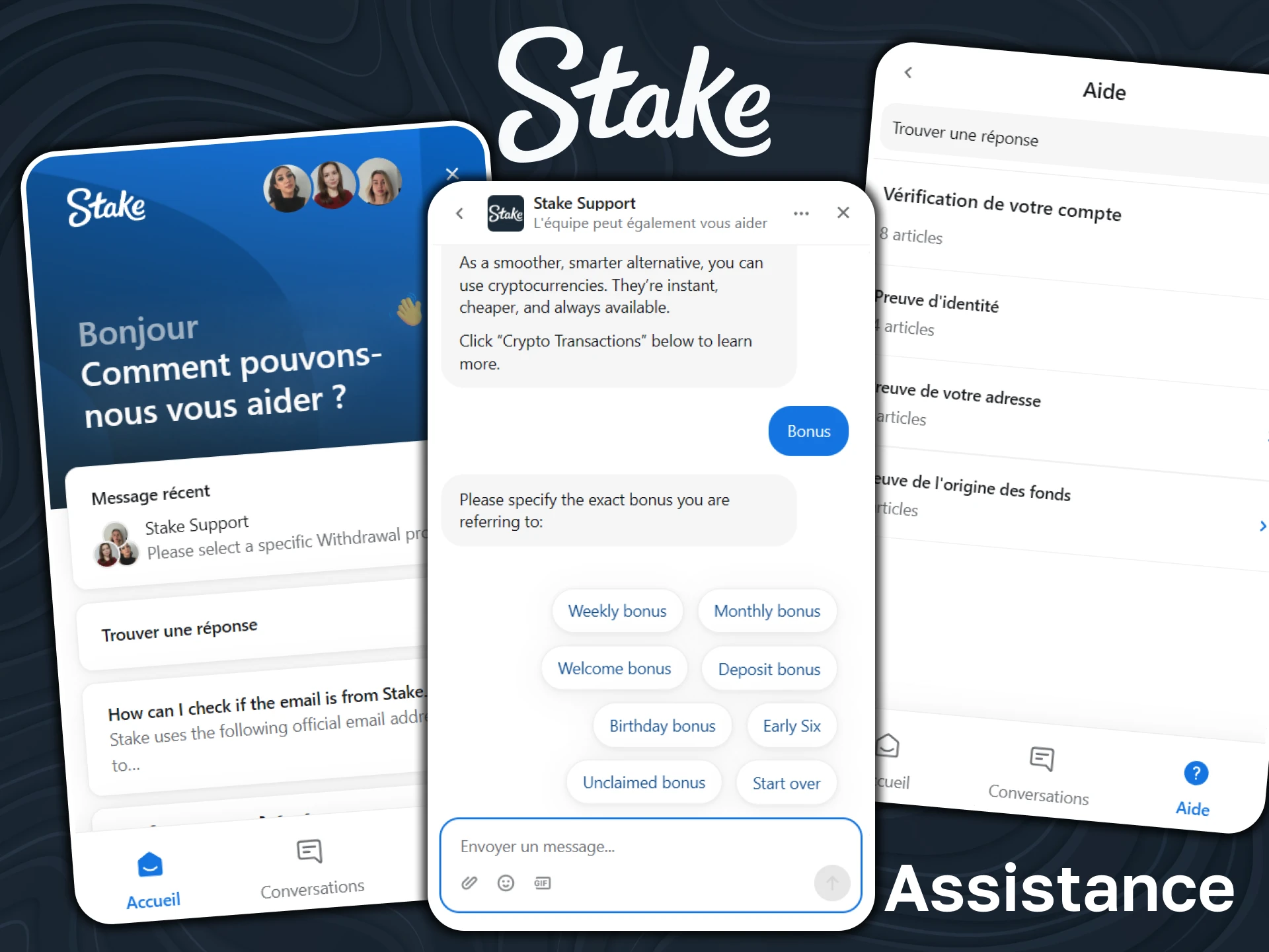 Trouvez les réponses à vos questions et contactez le support de Stake si vous rencontrez des problèmes.