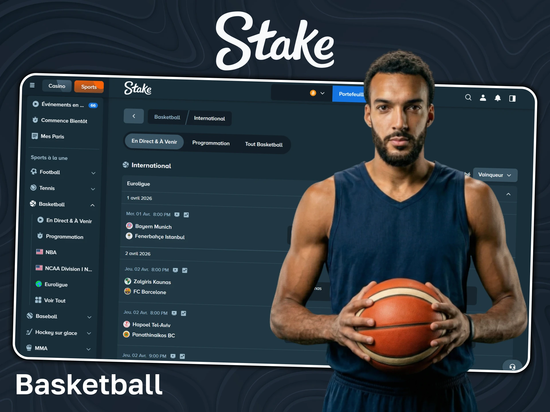Placez des paris sur des matchs de basket-ball sur le site officiel de Stake.