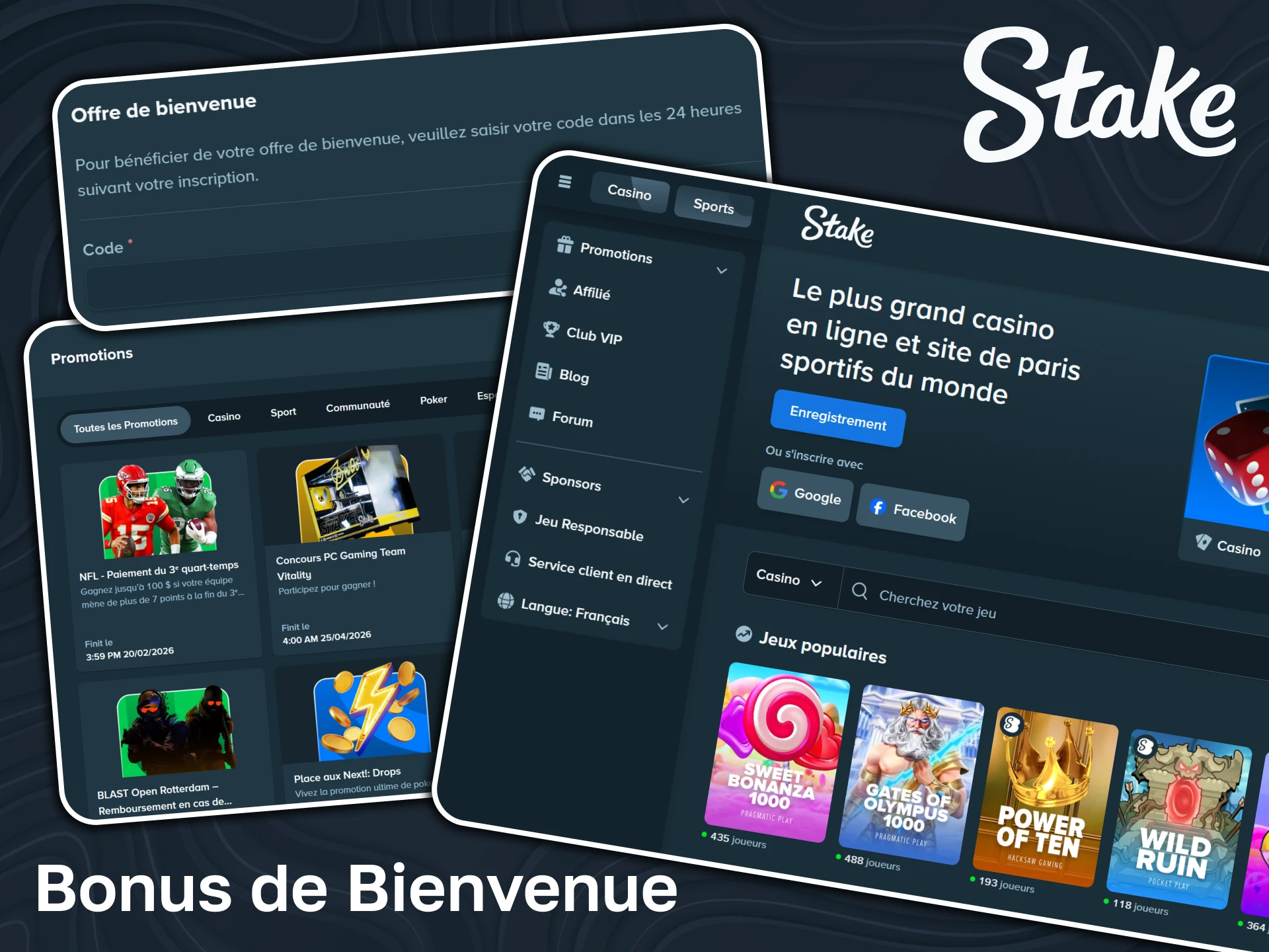 Obtenez un bonus de bienvenue sur Stake après votre inscription et votre premier dépôt.