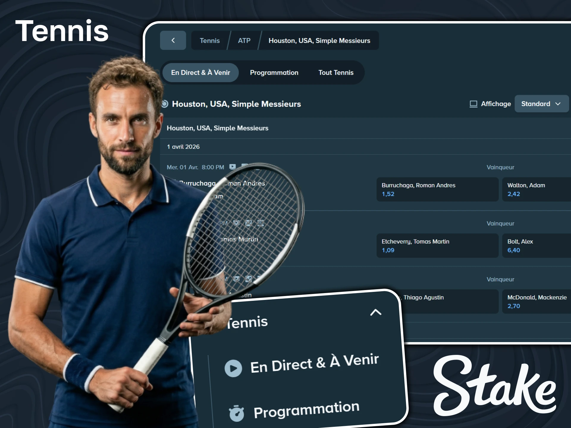 Pariez sur le tennis et gagnez de l'argent sur la plateforme Stake.